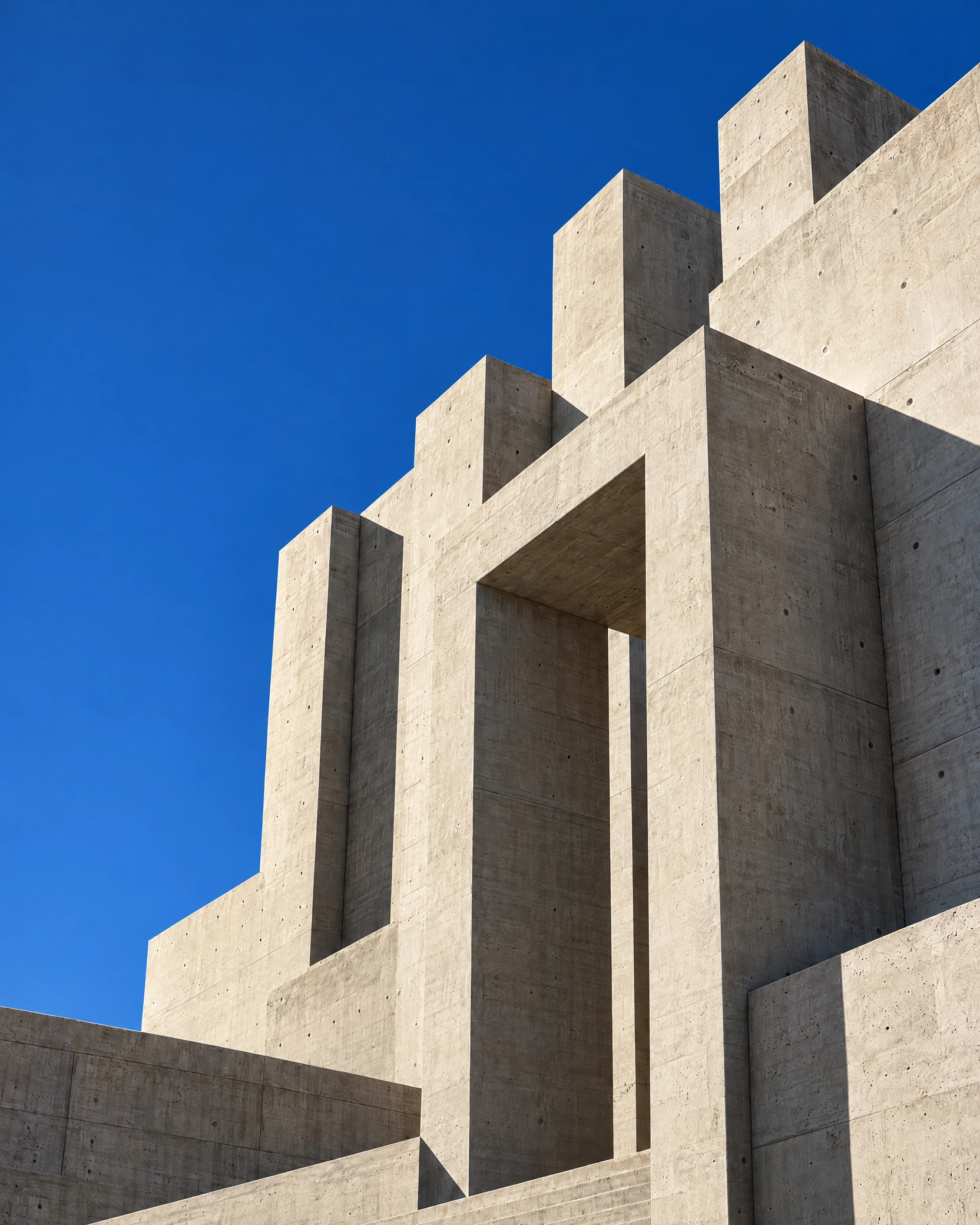 Volumes arquitetônicos de concreto em diferentes alturas, simbolizando fundamentos sólidos e crescimento